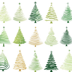 Diverse Stylized Christmas Tree Collection. Festive Holiday Season Vector Illustration Set in Green and Gold Hues.