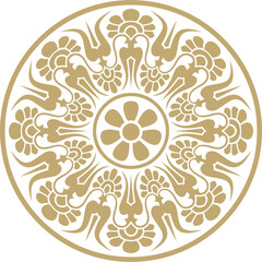 Vector golden classic Greek round ornament. Circle of Ancient Greece and the Roman Empire. Byzantine painting of walls, floors and ceilings. Decoration of European palaces.