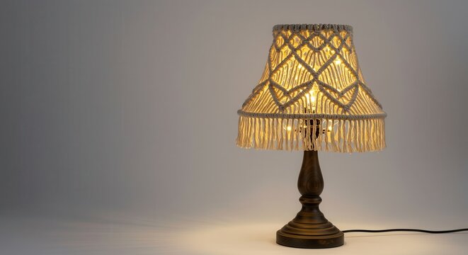 Illuminated macrame lampshade sits upon a dark pedestal base in a  setting