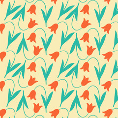 Charming seamless pattern of whimsical orange and teal tulip flowers on a light background