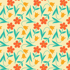 A simple retro floral seamless pattern with orange daisies and yellow tulips on a cream background