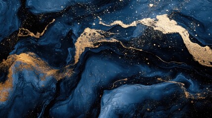 Fototapeta premium Luxurious deep blue and gold swirling abstract texture, elegant cosmic background with shimmering glitter particles for premium design projects.