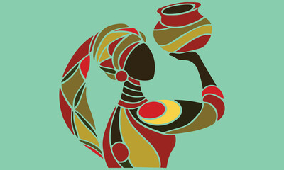 African Woman Vector Art – Traditional Pot Carrying Illustration in Tribal Style .