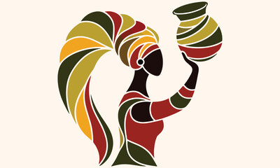 African Woman Vector Art – Traditional Pot Carrying Illustration in Tribal Style .