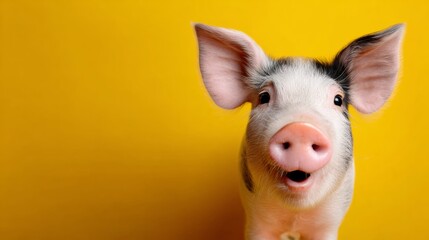 Adorable young pig with expressive features and bright eyes, standing against a vibrant yellow background, showcasing its playful personality and charm in a delightful animal portrait