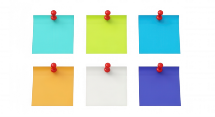 Colorful sticky notes pinned isolated on a transparent background