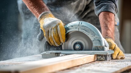 Close-up of Worker Using Circular Saw for Woodworking Project