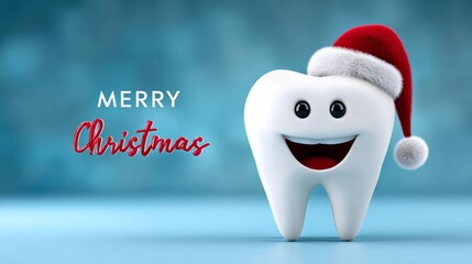 Cheerful cartoon tooth character wearing Santa hat, smiling joyfully against a soft blue background, conveying a festive holiday spirit with a playful and whimsical design for Christmas celebrations