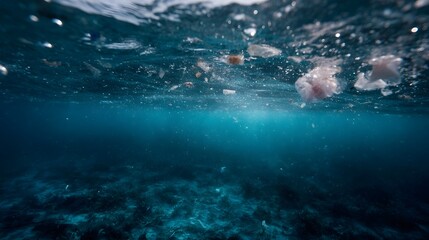 Plastic pollution and debris litter the surface of the deep blue ocean posing a threat to marine life and ecosystems below