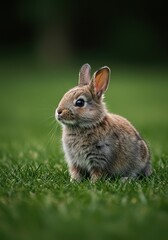 Fototapeta premium Fluffy little rabbit with soft fur sitting in a green meadow, observing its surroundings with curious eyes. Perfect for nature and animal themes ,playful ,garden ,ears