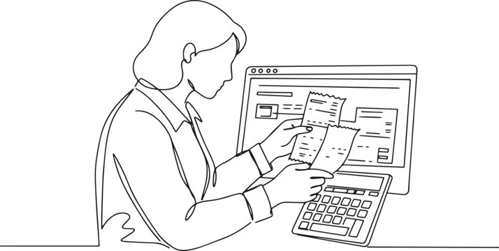 Line drawing depicts woman managing finances with bills and calc