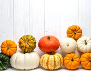 Colorful Pumpkins and Gourds on White Wooden Background.
