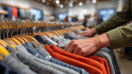 Close-up of man’s hands browsing rack of clothing on hangers in retail store. Shopping, sale, mail fashion concept