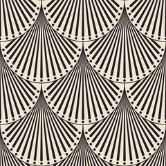 Seamless Art Deco Fan Pattern with Dots Vector. Monochrome Geometric Scallop and Dot Repeat. Seamless Art Deco Shell Design.