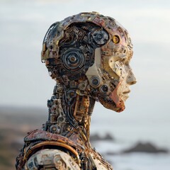 A detailed robotic figure with intricate machinery, set against a scenic background, reflecting a blend of technology and artistry.