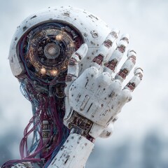 A futuristic humanoid robot with intricate circuitry and a mechanical hand raised, showcasing advanced technology and design.
