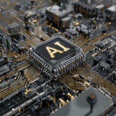 A close-up image of a circuit board featuring a prominent microchip labeled "AI," highlighting technology and artificial intelligence.