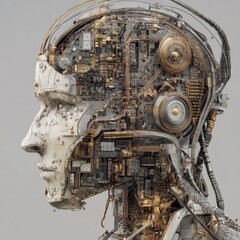 A futuristic robotic head filled with intricate circuitry and mechanical components, showcasing the blend of technology and human-like features.