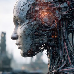 A futuristic robotic head with intricate circuitry and glowing components, blending human features with technology.