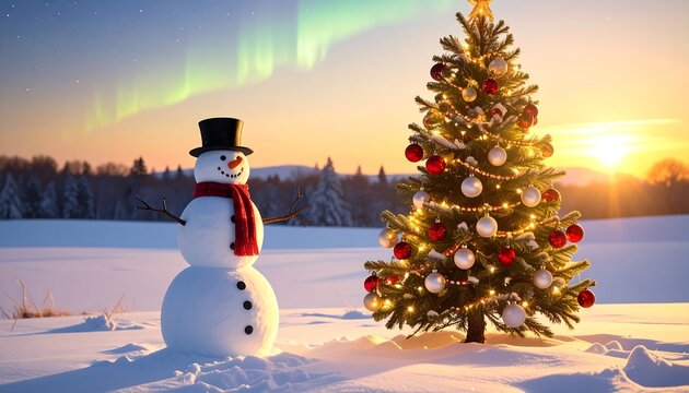 A snowman wearing a top hat and scarf stands beside a decorated Christmas tree in a snowy field at sunset