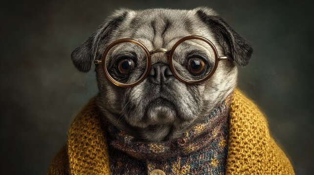Funny pug with glasses and sweater looking at the camera. Use it for a humorous card or a quirky pet-related project.