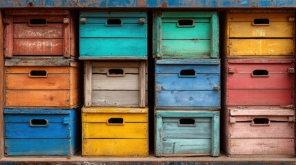 A colorful arrangement of vintage wooden boxes, showcasing various hues and textures, creating an appealing visual display.