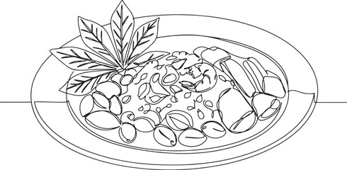 Continuous line drawing of matapa dish, a traditional Mozambican