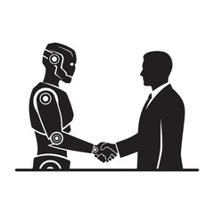 Silhouette of Robot and Businessman Shaking Hands – Artificial Intelligence and Human Collaboration Concept