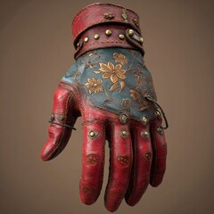 A beautifully crafted, ornate glove featuring red leather and intricate floral designs, showcasing attention to detail and artistry.