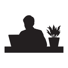 Silhouette of Man Working on Laptop with Plant on Desk – Office and Remote Work Concept