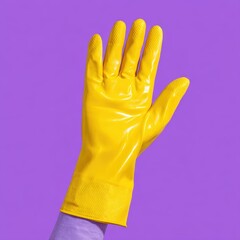 A vibrant yellow rubber glove against a purple background, showcasing its texture and color for cleaning or protective purposes.