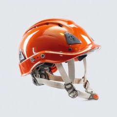 An orange safety helmet with a sturdy design, featuring adjustable straps and ventilation holes, ideal for protective wear in various activities.