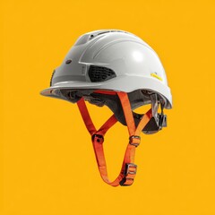 A safety helmet with an orange strap against a bright yellow background, symbolizing protection and workplace safety.