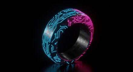 Futuristic digital circuit inscribed ring glows with neon illumination against a dark background