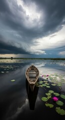 Serene Wooden Boat on Calm Water with Water Lilies Under Dramatic Cloudy Sky