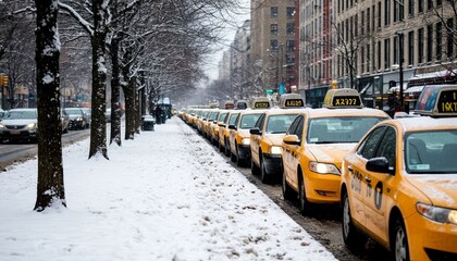 Yellow taxis lined up on snowy street in urban environment  