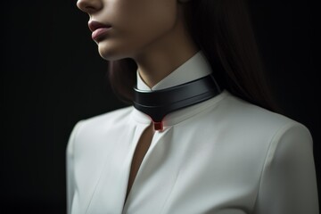 Close up of businesswoman wearing futuristic virtual reality headset around neck, showcasing innovative technology
