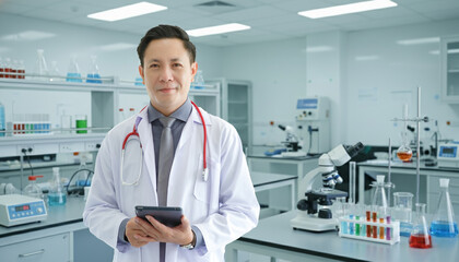 Medicine and healthcare concept :Happy and cheerful asian doctors in LAB.