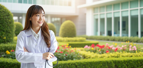 Beautiful and cheerful good mood young lady asian doctor dressed uniform smiling arm stethoscope in garden. COPY SPACE.