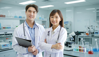 Medicine and healthcare concept : Group of happy and cheerful asian doctors Line up, Male and Female are smiling in LAB.