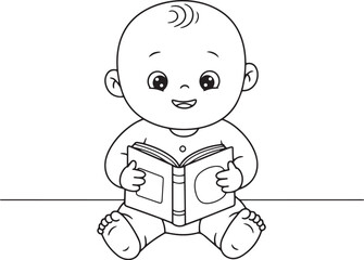 Charming monochrome illustration of a baby engrossed in reading
