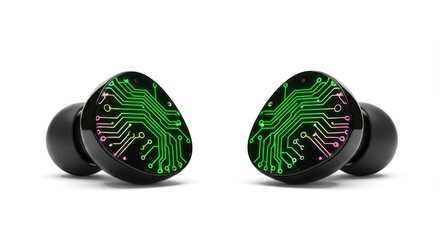 Pair of black wireless in ear audio devices displaying illuminated digital circuitry patterns