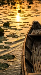 Wooden Boat Sailing on Calm Water with Lily Pads at Sunset