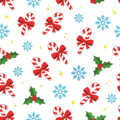 Seamless Christmas Pattern with Candy Canes Bows Snowflakes and Holly