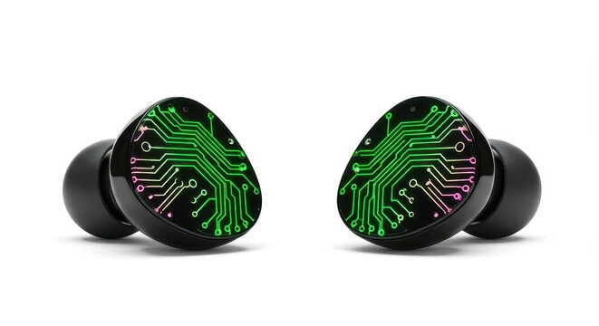 Pair of black wireless in ear audio devices displaying illuminated digital circuitry patterns
