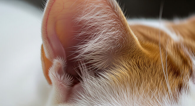 Macro Detail of a Ginger and White Cat's Alert Ear
An extreme, crisp close-up focused on the upright ear of an orange and white cat. The inner cartilage (pinna) is illuminated - Powered by Adobe