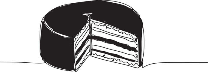 Minimalist Single Line Drawing of Chocolate Layer Cake with Slic