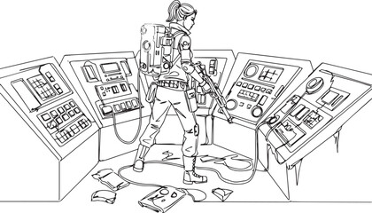 Obraz premium Line art illustration of a female soldier navigating a complex c