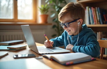 Young boy with glasses wearing headphones learns on laptop, writing in notebook. He smiles while doing homework at desk with books and phone. Home schooling with modern gadgets is fun and engaging.