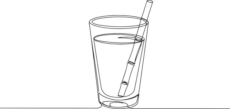 Minimalist line art: Fresh sugarcane juice in glass with a bambo